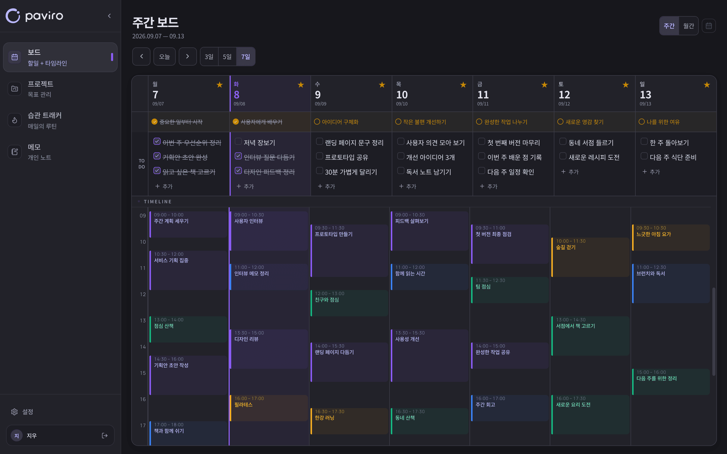 Paviro 주간 보드 화면
